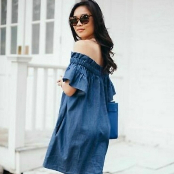Corey Lynn Calter Anthropologie Chambray Off the Shoulder OTS Mini Dress Size M - Picture 6 of 11